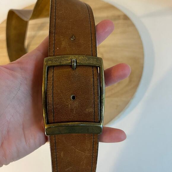 Vintage 90s Soft Tan Genuine Leather Chunky Brass Buckle Belt Size M/L - Picture 3 of 12